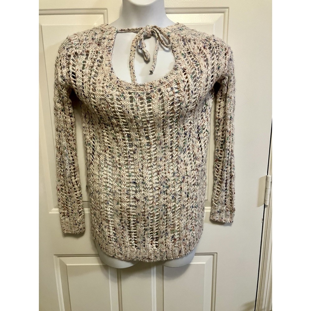NWT Aerie Sz Small Women's Open Crochet Knit Ivory Multi Long Sleeve Sweater